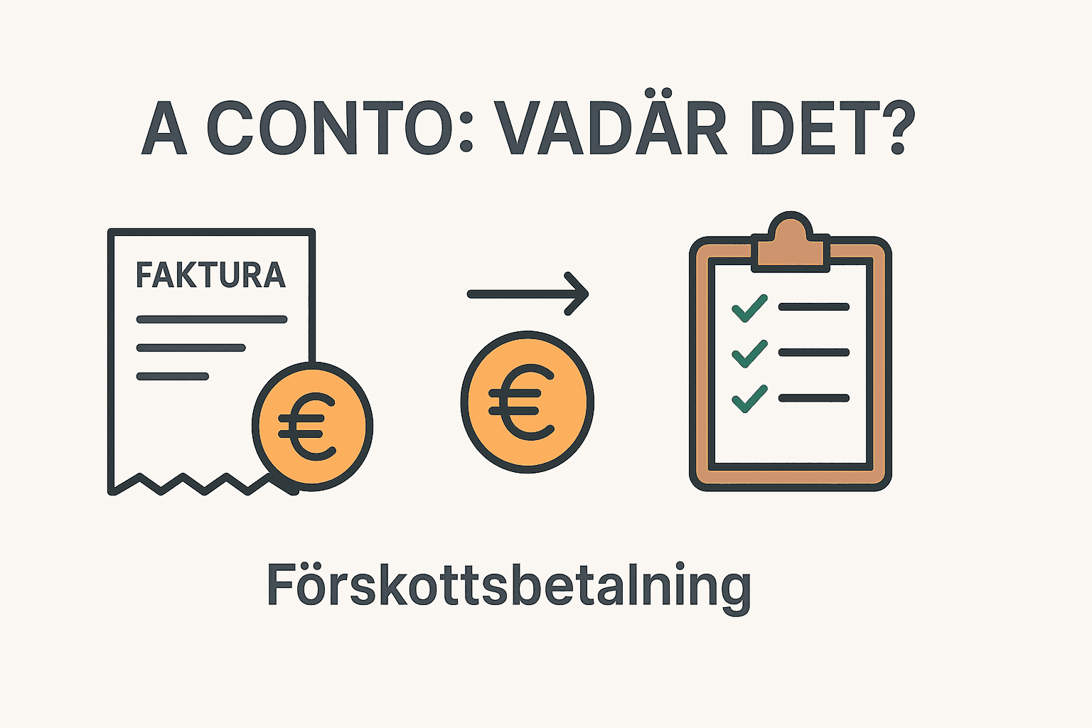 Minimalistisk infografik som förklarar a conto med faktura, betalning och checklista – symboliserar förskottsbetalning.
