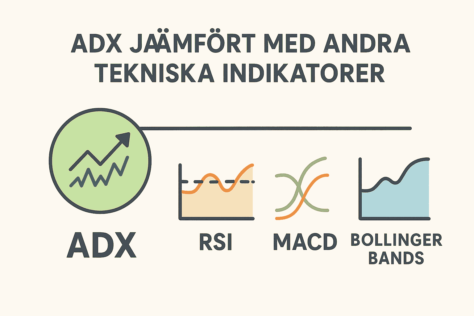 Jämförelse mellan ADX, RSI, MACD och Bollinger Bands i ett minimalistiskt diagram på svenska.