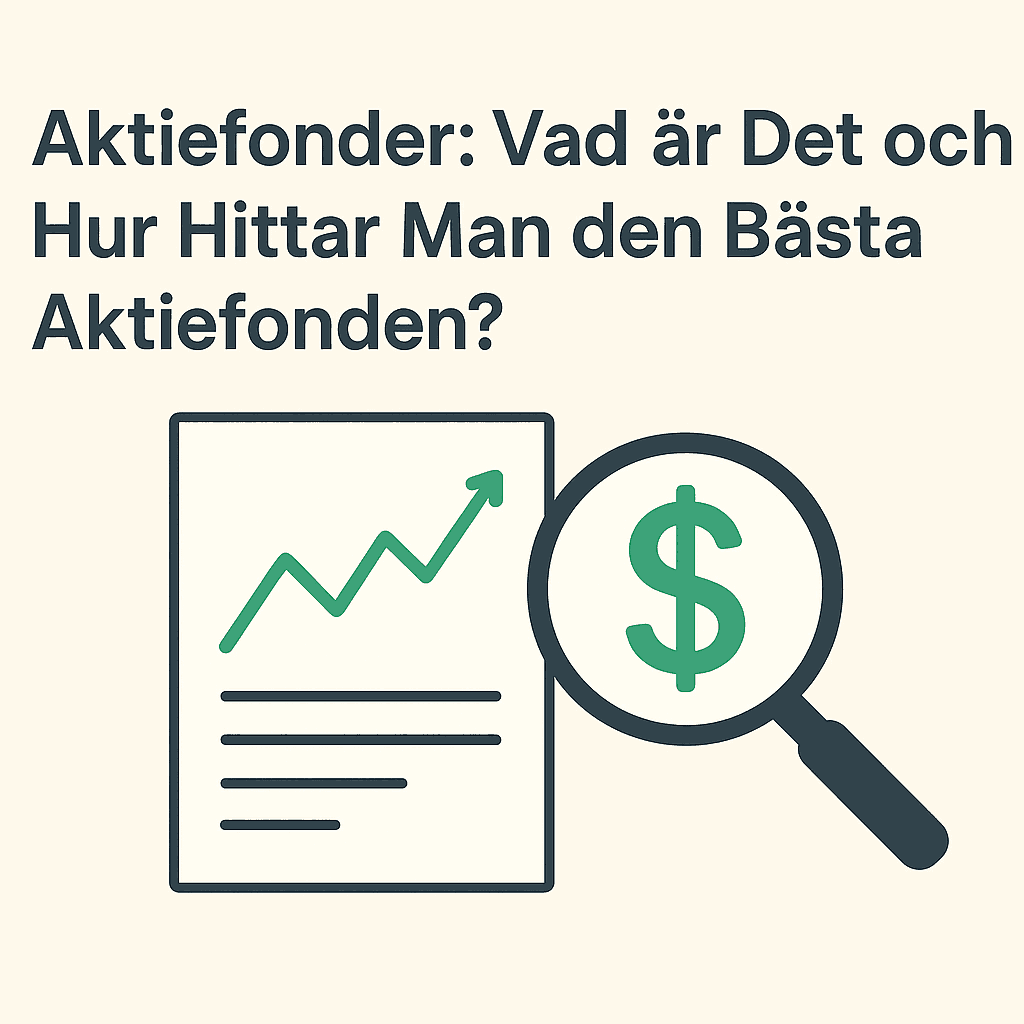 Infografik med dokument, börsgraf och förstoringsglas som symboliserar analys av aktiefonder.