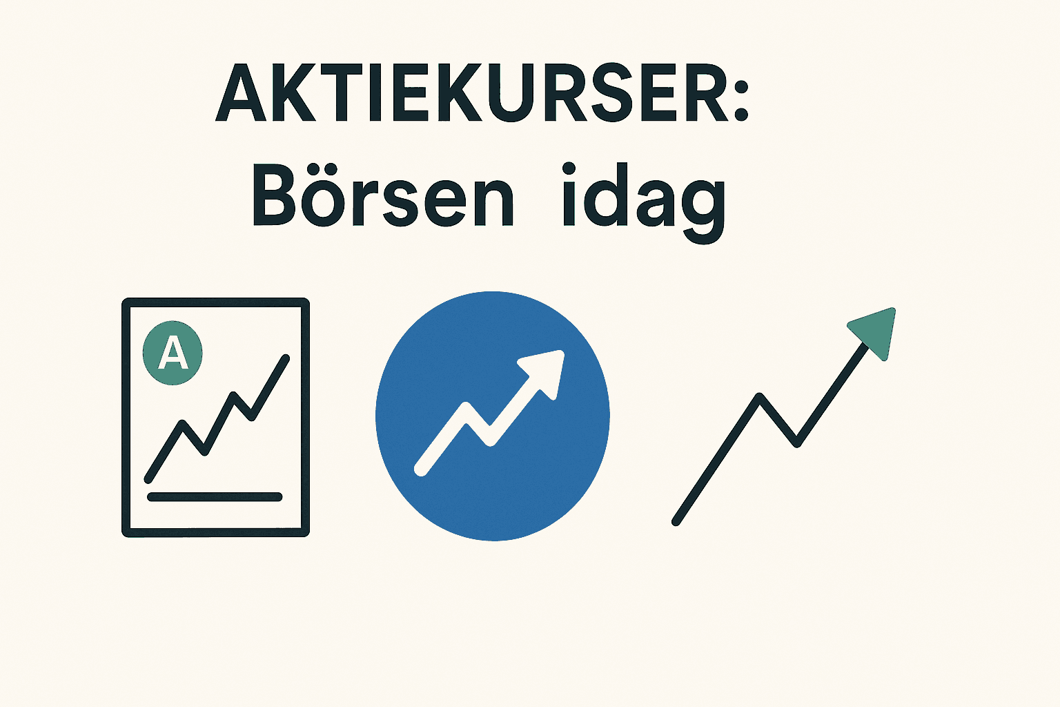 Minimalistisk illustration med texten Aktiekurser: Börsen idag och tre ikoner för aktiegrafer och börsutveckling.