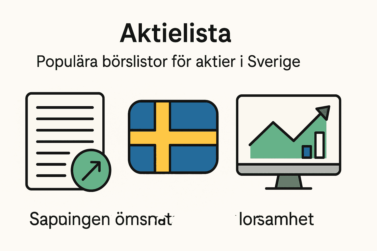 Svensk infographic med aktielista, flagga och börsgraf som symboliserar svenska börslistor.