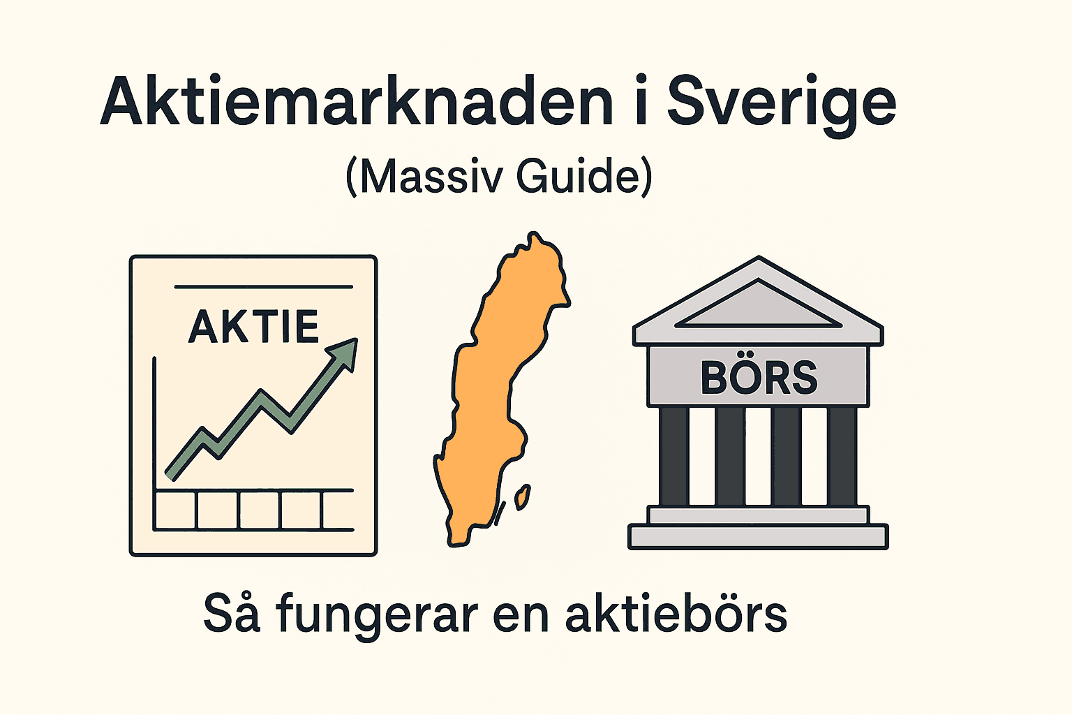 Dina Pengar 285 Samuelssons Rapport Illustration med aktiediagram, Sverigekarta och börsbyggnad – symboliserar hur den svenska aktiemarknaden fungerar.