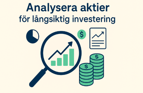 En illustration som visar analys av aktier med förstoringsglas över finansiella grafer, kugghjul för strategi och texten ”Analysera aktier för långsiktiga investeringar”.