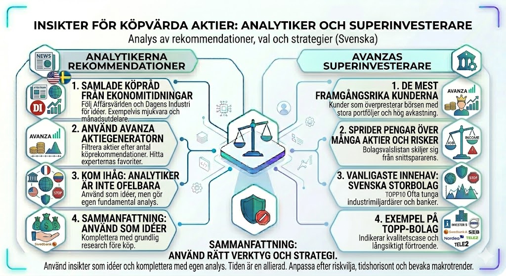 Bra börslistor för att välja aktier till din aktieportfölj, infografik om analytikers rekommendationer och Avanzas superinvesterare, strategier för köpvärda aktier och riskhantering.