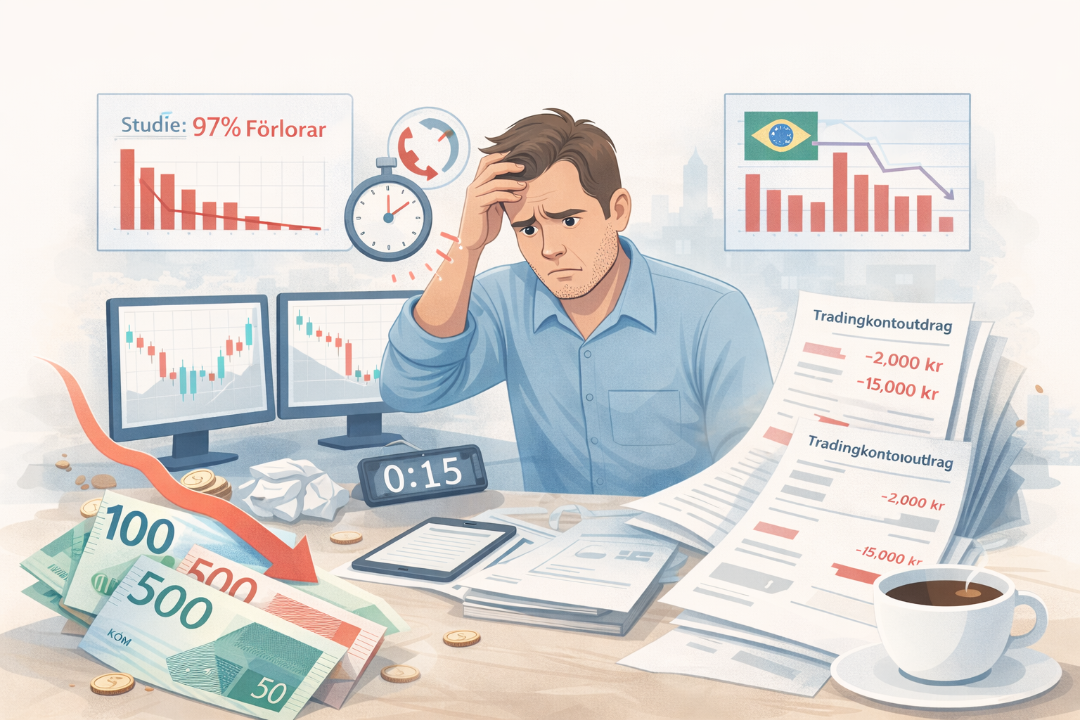 illustration av daytrading nybörjare som förlorar pengar med fallande grafer stress och hög handelsfrekvens