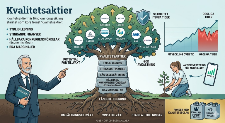 En pedagogisk infografik föreställande ett "kvalitetsträd" med rötter som omsättningstillväxt och vinsttillväxt, stam av tydlig ledning och bra marginaler, samt krona med svenska kvalitetsbolag som Investor, Latour och Atlas Copco.
