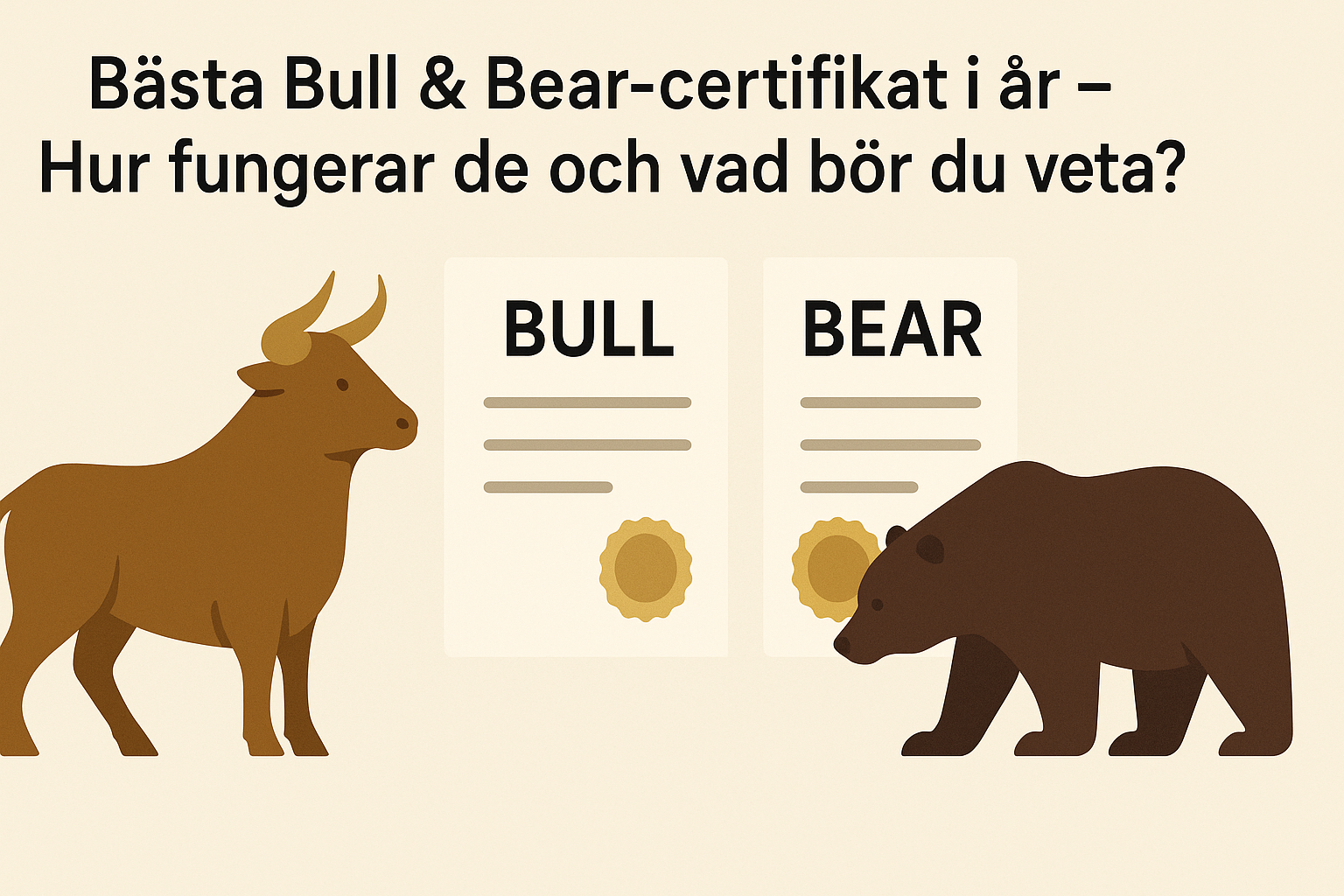 Minimalistisk illustration av en tjur och en björn bredvid certifikat märkta "BULL" och "BEAR" med rubrik om Bull & Bear-certifikat