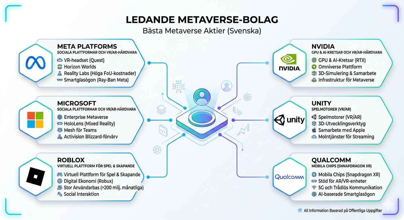 En översiktlig infografik över de bästa metaverse-aktierna 2026, uppdelat på hårdvara (Meta, Apple, Nvidia), mjukvara (Unity, Adobe) och plattformar (Roblox, Microsoft).