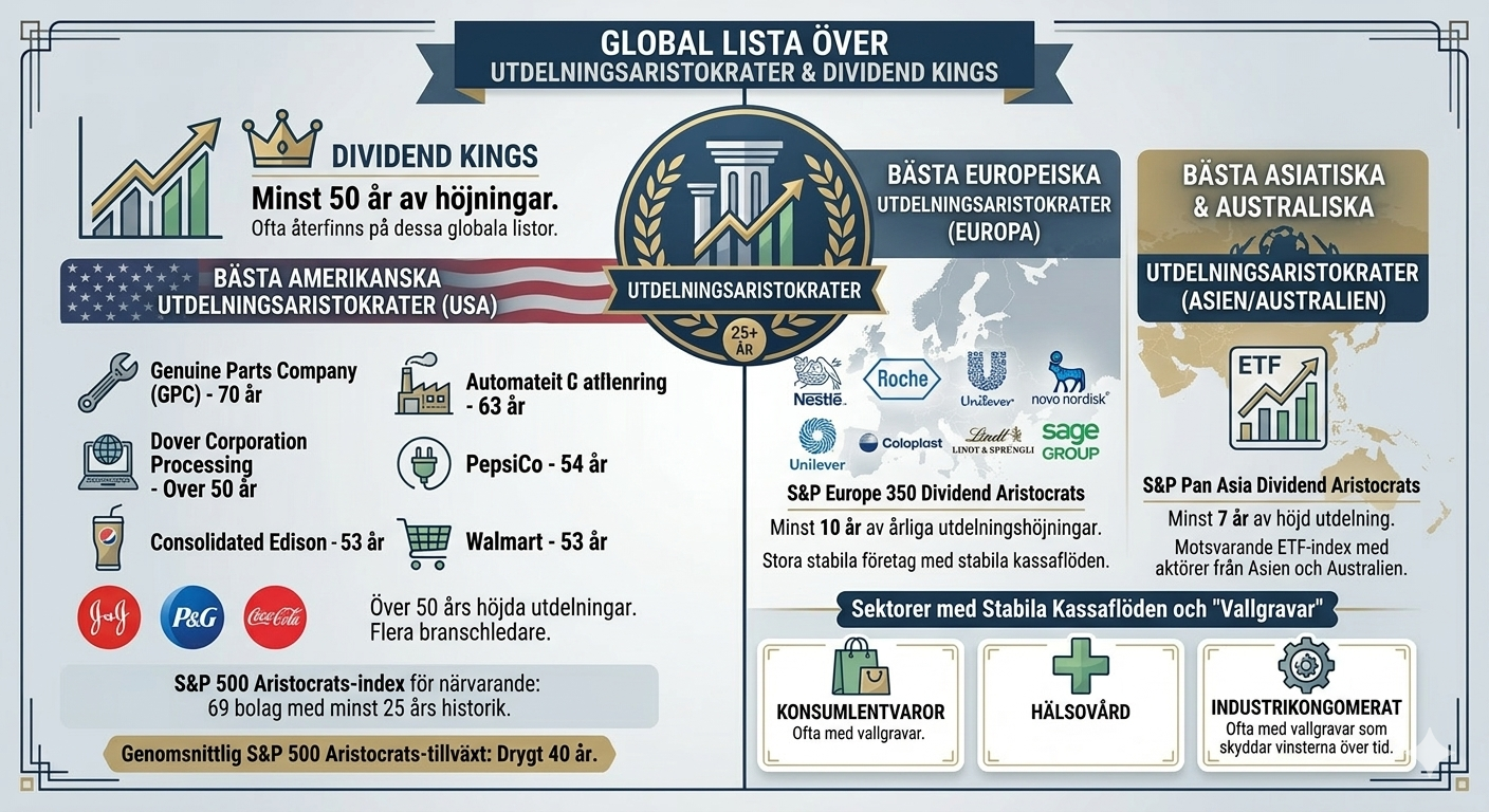 Global lista över utdelningsaristokrater och Dividend Kings 2026 i USA, Europa och Asien, med logotyper för bolag som Coca-Cola, PepsiCo, Walmart och Novo Nordisk.