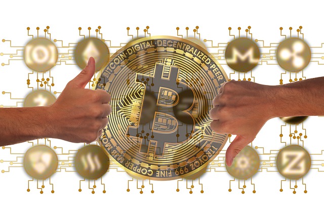 En illustration av ett stort guld-Bitcoin-mynt i centrum med en hand som ger tummen upp och en hand som ger tummen ner, omgiven av digitala nätverksikoner.