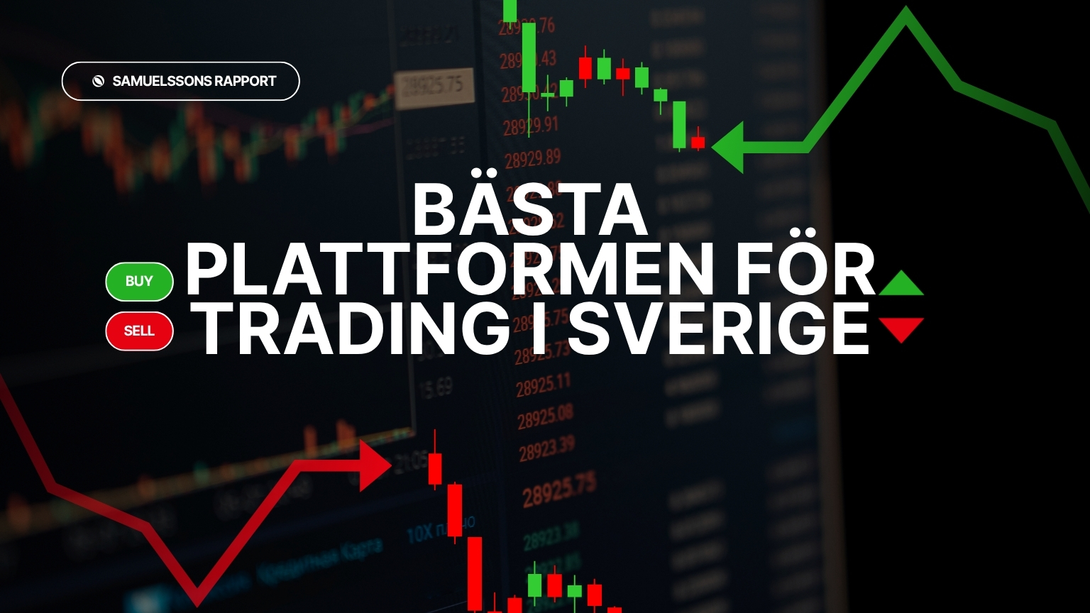 En mörk bakgrund med candlesticks-grafer och texten "Bästa plattformen för Trading i Sverige" från Samuelssons Rapport.
