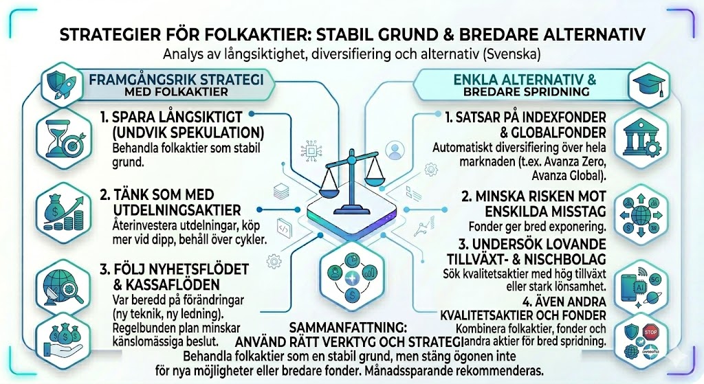 En infografik som beskriver strategier för folkaktier, inklusive långsiktigt sparande, utdelningsstrategier och alternativ som indexfonder (t.ex. Avanza Zero) för bredare riskspridning.