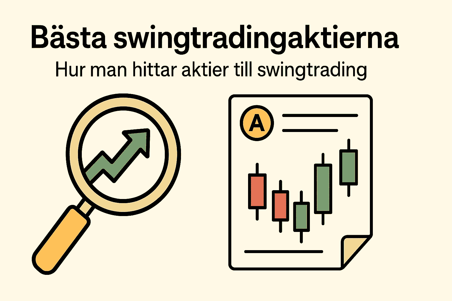 Illustration med förstoringsglas och stigande pil samt candlestick-diagram med rubriken Bästa swingtradingaktierna.