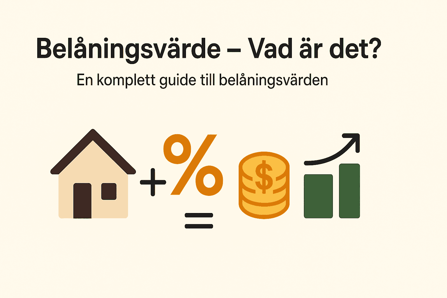Ikoner som visar hus, procenttecken, pengar och stapeldiagram – en visuell förklaring av belåningsvärde.