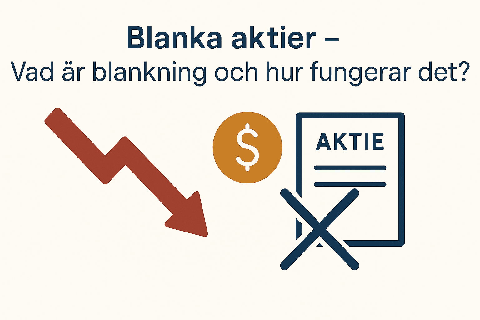 Minimalistisk illustration som förklarar blankning med röd nedåtpil, dollarmynt och ett överkryssat aktiepapper.