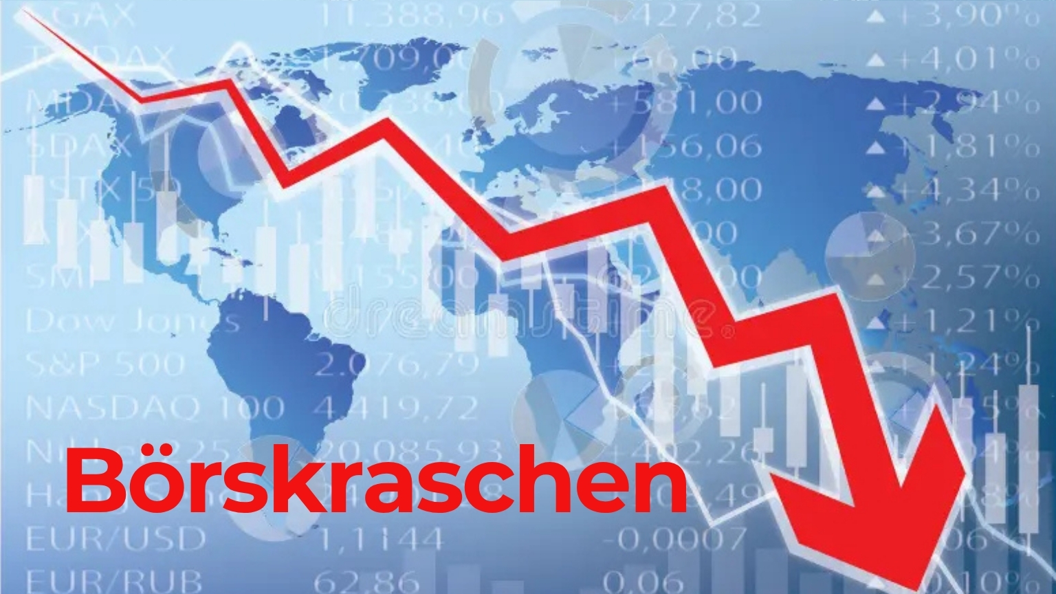 Börskraschen 1929, Wall Street-kraschen, Svarta torsdagen, stora depressionen, röd nedåtgående aktiegraf, världskarta bakgrund.