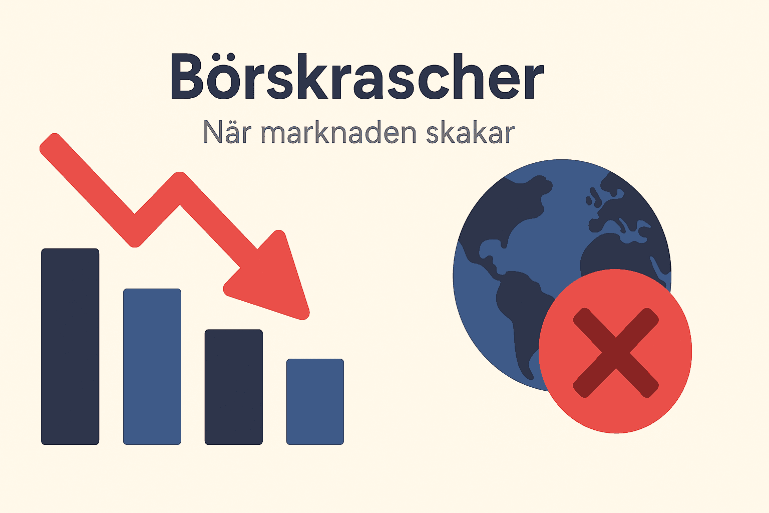 Aktiemarknaden i Sverige (Massiv Guide): Så Fungerar en Aktiebörs 2 Samuelssons Rapport Illustration med fallande staplar, röd pil nedåt och jordglob med rött kryss symboliserar en börskrasch och global oro.