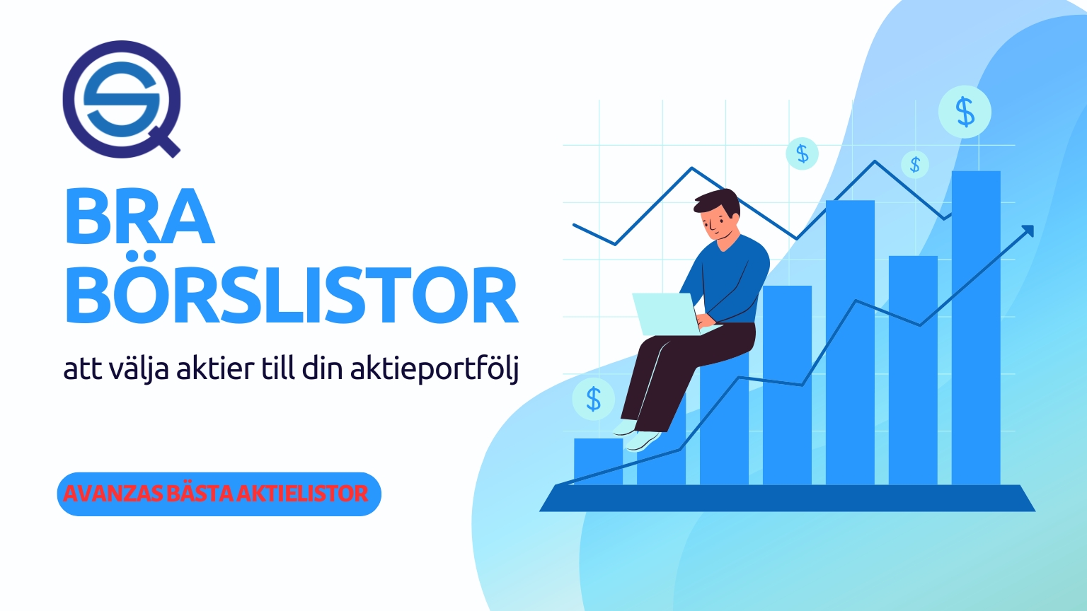 Dina Pengar 211 Samuelssons Rapport Bra börslistor för att välja aktier till din aktieportfölj, illustration av en person med laptop som analyserar Avanzas bästa aktielistor och stigande marknadsgrafer.