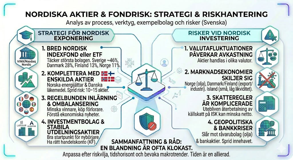 Nordiska aktier – 25 populära | Nordisk aktie 2026 2 Samuelssons Rapport En omfattande infografik om strategi och riskhantering för nordiska aktier och fonder, som täcker indexfonder, investmentbolag, valutarisker och skatteregler för investeringar i Sverige, Danmark, Finland och Norge.