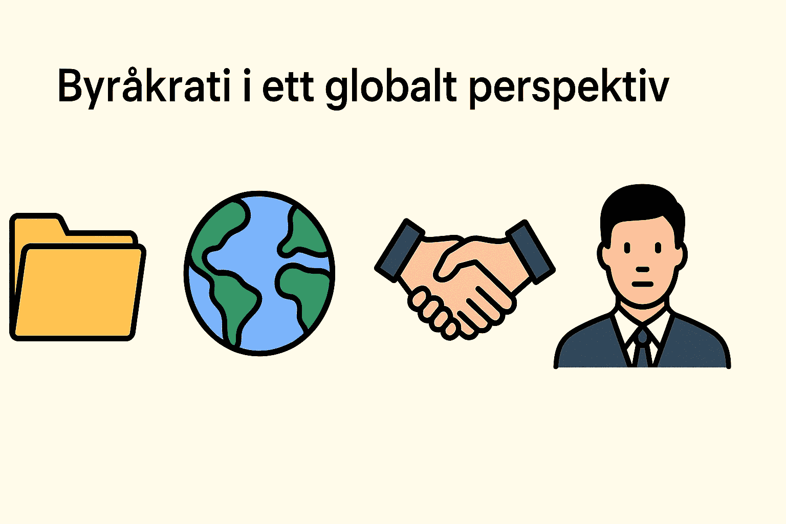 Byråkrati, vad är det? – Definition och förklaring av byråkrati 2 Samuelssons Rapport En illustration som förklarar byråkrati i ett globalt perspektiv med hjälp av ikoner som en filmapåse, jordklot, handslag och en affärsman, allt på en ljus beige bakgrund.