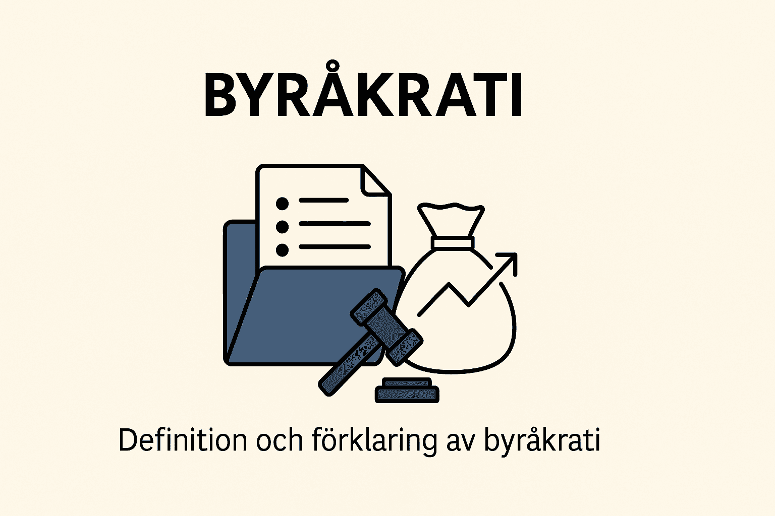 En illustration som förklarar byråkrati med hjälp av en filmapåse, ett dokument med punkter, en domarklubba och en pengapåse med en uppåtgående pil, allt på en ljusbeige bakgrund.