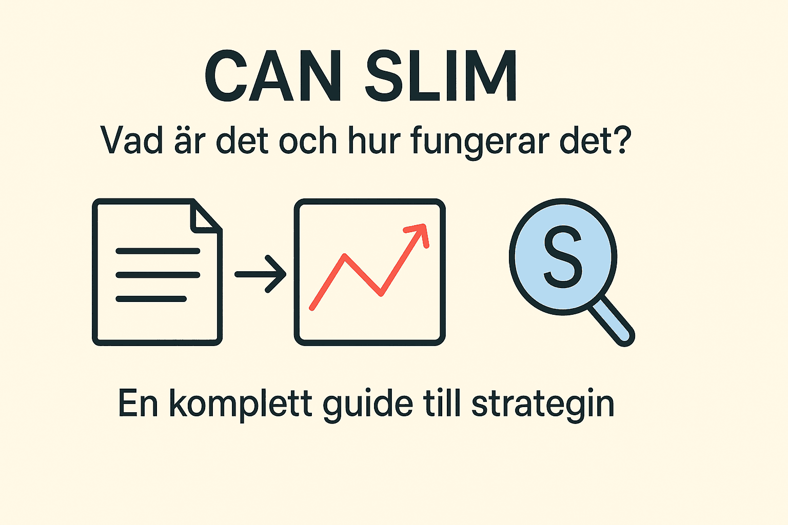 Enkel illustration som förklarar CAN SLIM-strategin med ikoner för dokument, tillväxtgraf och analys.