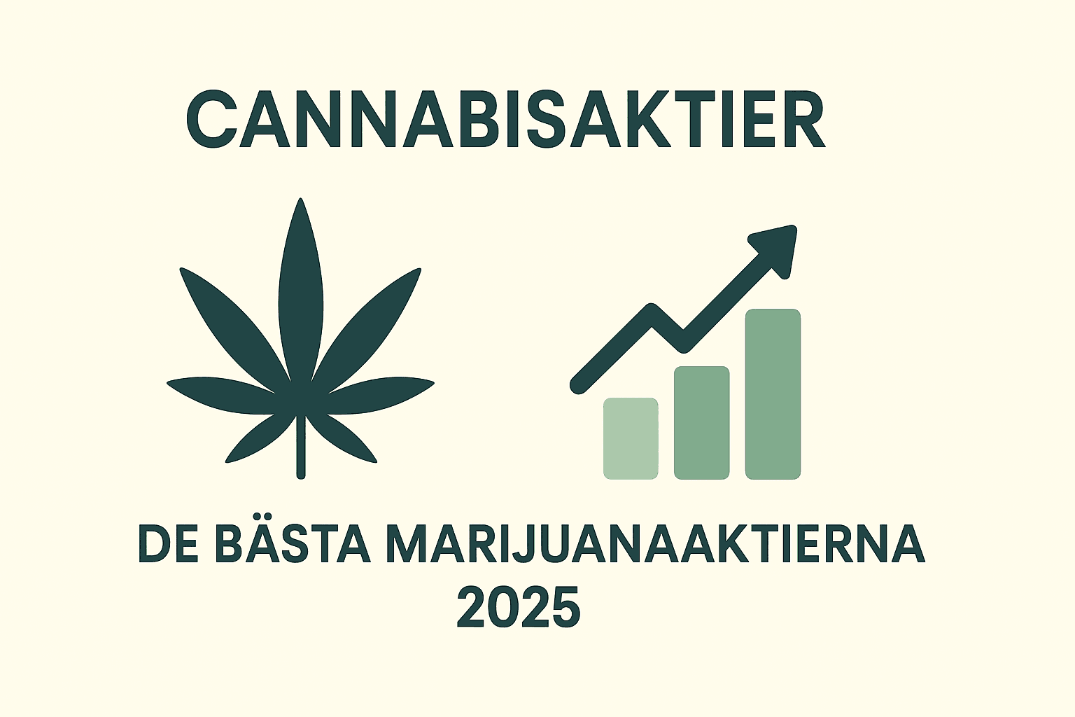 Minimalistisk illustration av cannabisaktier med en cannabisblad-ikon och stigande stapeldiagram, texten "De bästa marijuanaaktierna 2025" på beige bakgrund.
