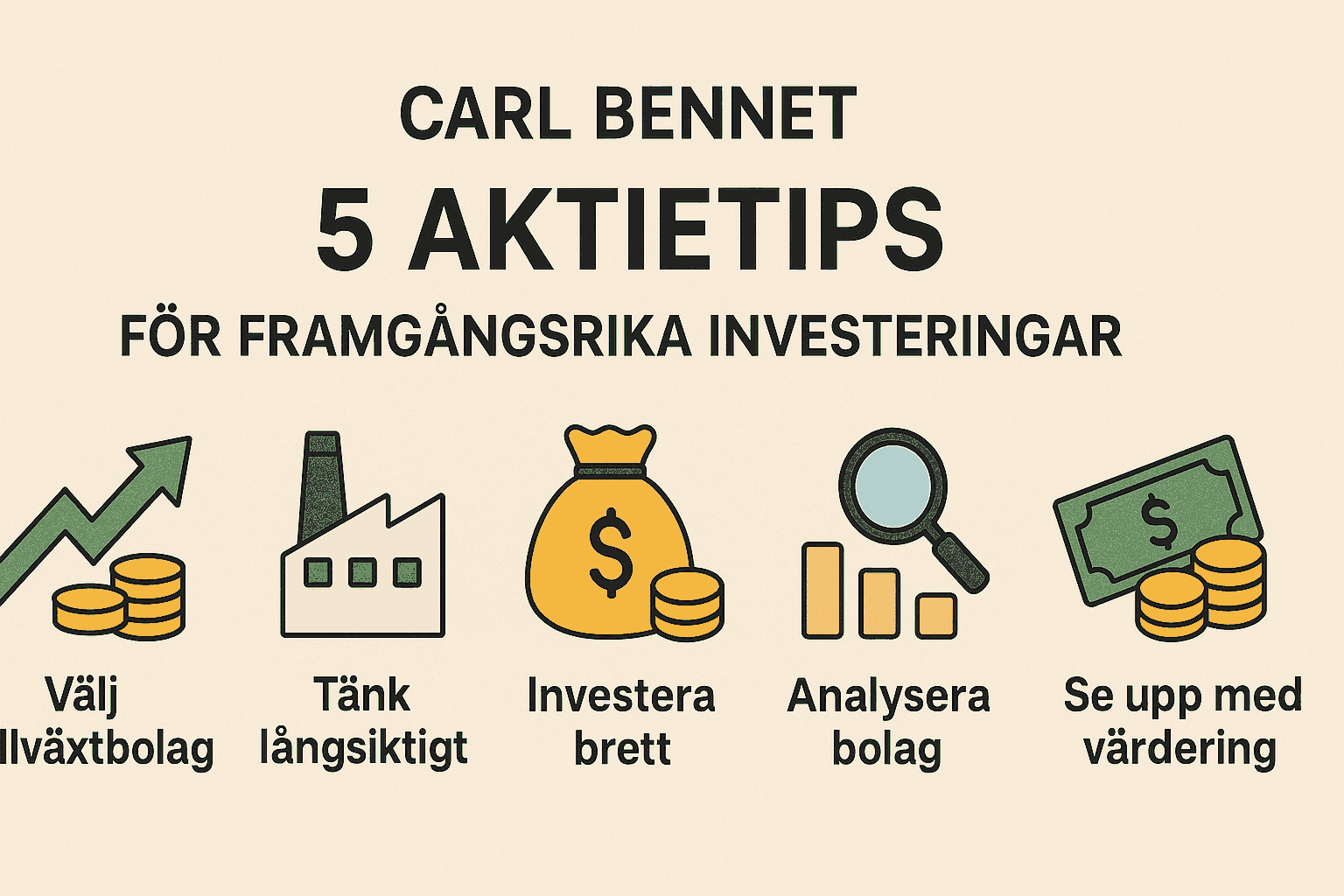 Fem aktietips från Carl Bennet illustrerade med ikoner: välj tillväxtbolag, tänk långsiktigt, investera brett, analysera bolag, och se upp med värdering.