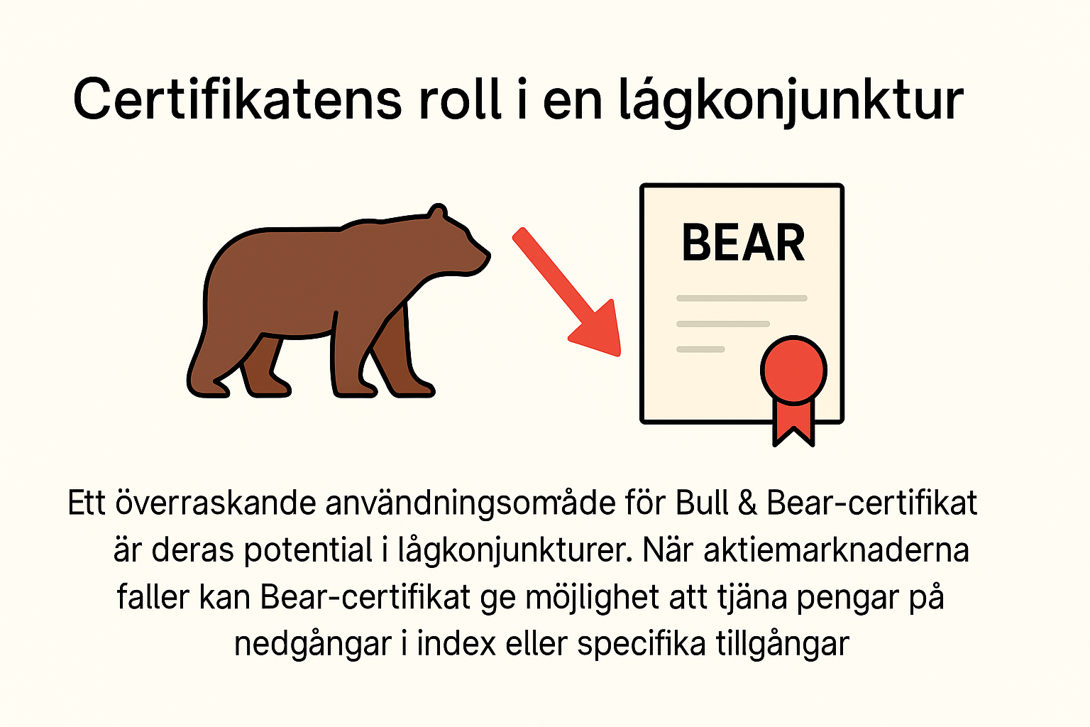 Illustration av en björn med en röd pil som pekar på ett certifikat märkt "BEAR", med text som förklarar certifikatens roll i lågkonjunktur