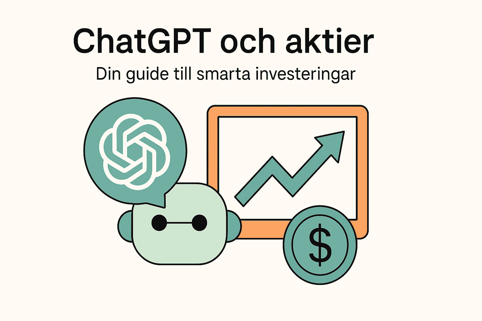Dina Pengar 283 Samuelssons Rapport Minimalistisk bild som visar ChatGPT-robot, aktiegraf och pengasymbol – en visuell guide till investeringar med AI.