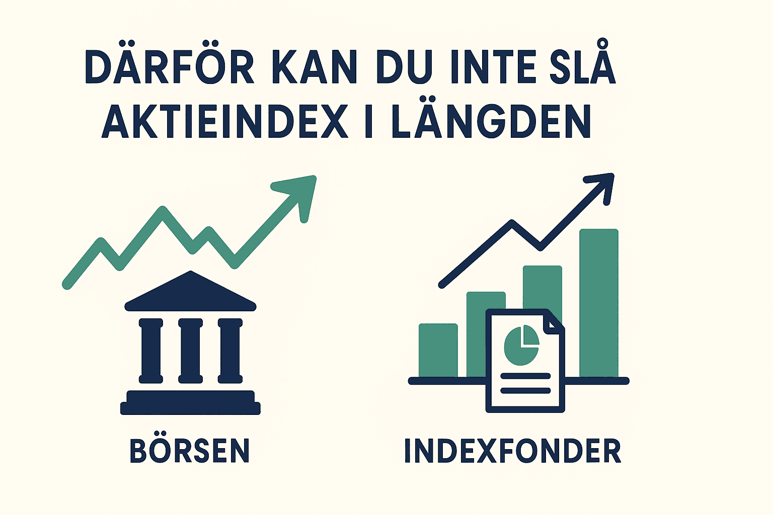 Minimalistisk illustration som visar varför det är svårt att slå aktieindex på lång sikt, med symboler för börsen och indexfonder.
