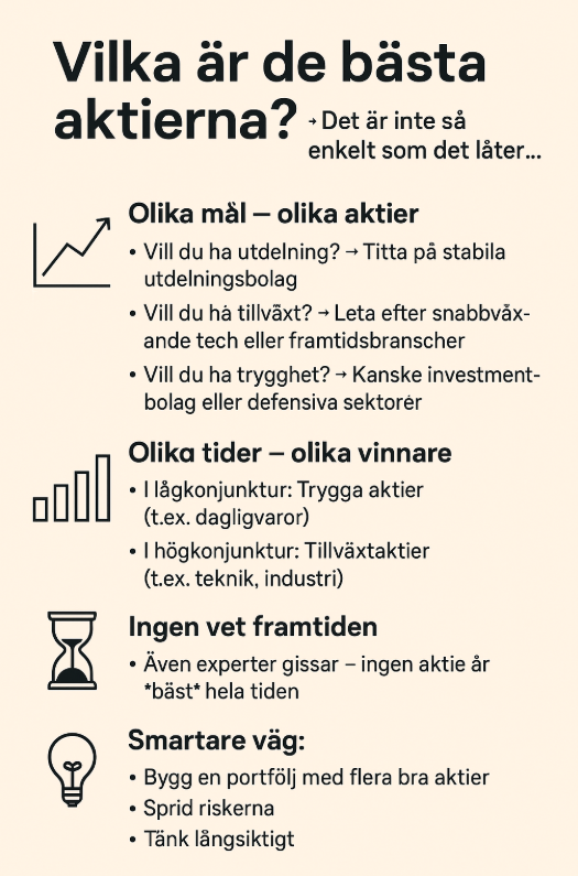 En pedagogisk infografik som förklarar hur man väljer de bästa aktierna baserat på mål som utdelning, tillväxt och trygghet, samt vikten av riskspridning och långsiktighet.