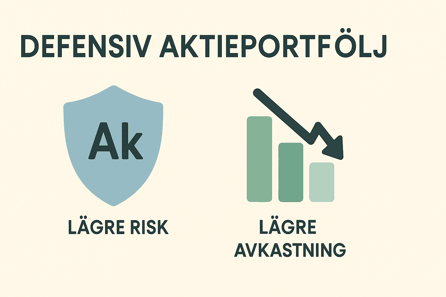 Minimalistisk illustration som visar en defensiv aktieportfölj med fokus på lägre risk och lägre avkastning, med symboler för skydd och nedåtgående stapeldiagram.