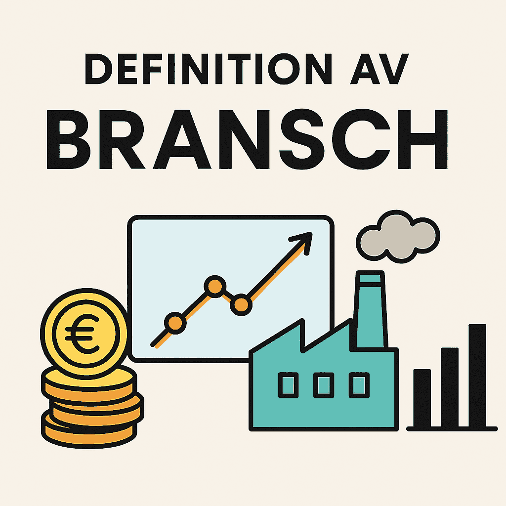 Bransch, vad är det? – Definition och förklaring av branscher 1 Samuelssons Rapport Minimalistisk illustration som visar definitionen av "bransch" med ikoner för fabrik, stapeldiagram, mynt och linjediagram.