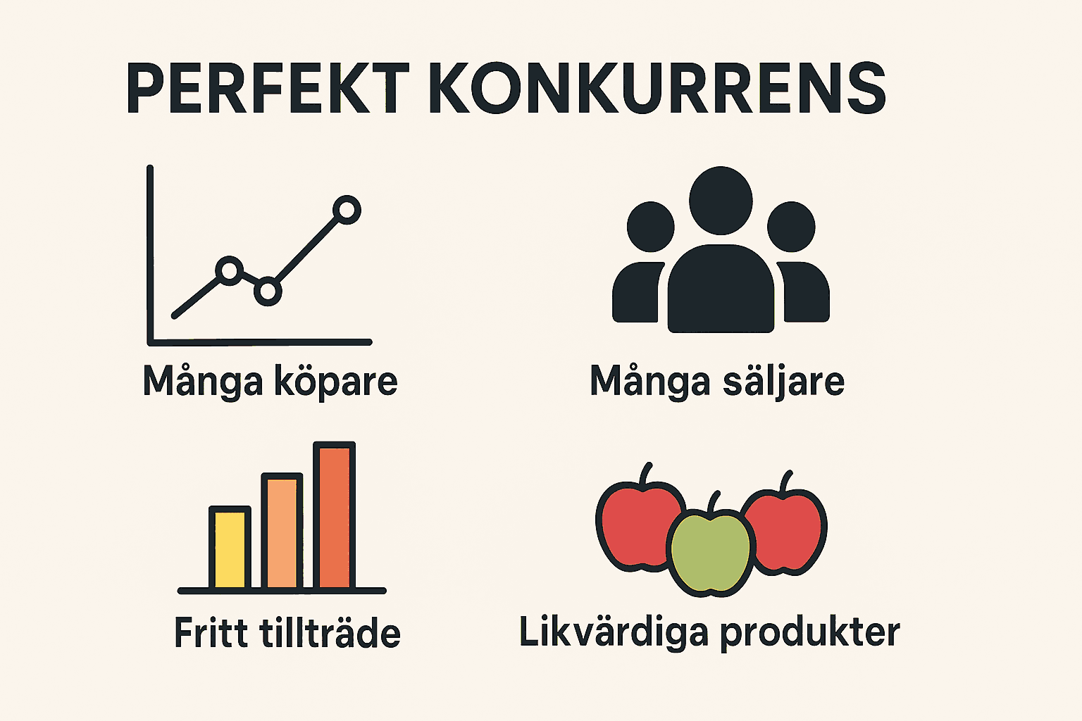 Perfekt konkurrens, vad är det? – Förklaring och definition 1 Samuelssons Rapport Minimalistisk infographic som förklarar perfekt konkurrens med ikoner för många köpare, många säljare, fritt tillträde och likvärdiga produkter.
