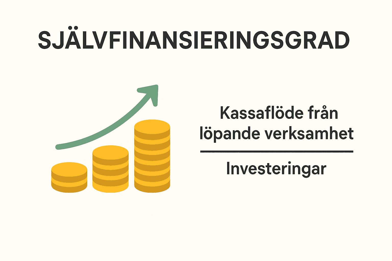 Illustration av självfinansieringsgrad med myntstaplar, pil uppåt och formeln kassaflöde från löpande verksamhet dividerat med investeringar.