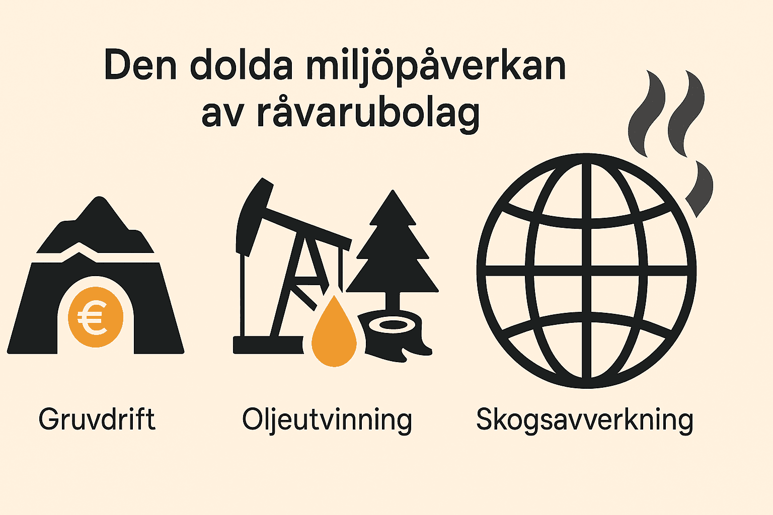 Minimalistisk infographic som visar miljöpåverkan från gruvdrift, oljeutvinning och skogsavverkning.