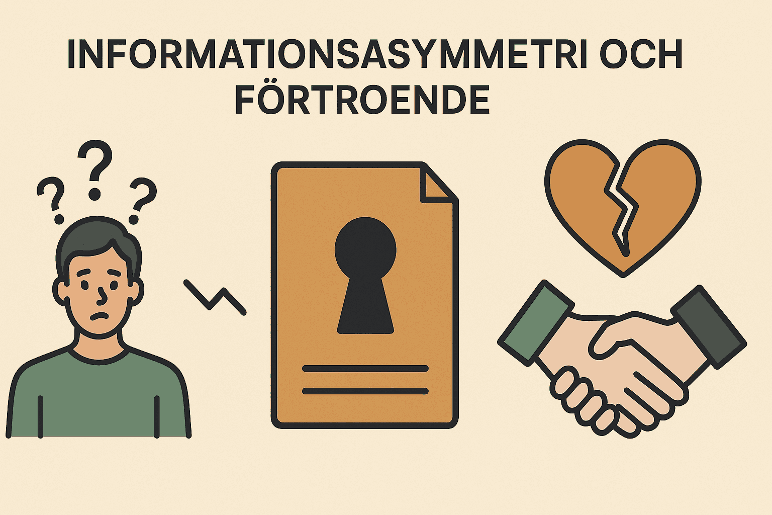 Informationsasymmetri – Vad är det? Förklaring och definition 2 Samuelssons Rapport Illustration som visar en förvirrad person, ett låst dokument och ett trasigt förtroende via brutet handslag – symbol för informationsasymmetri