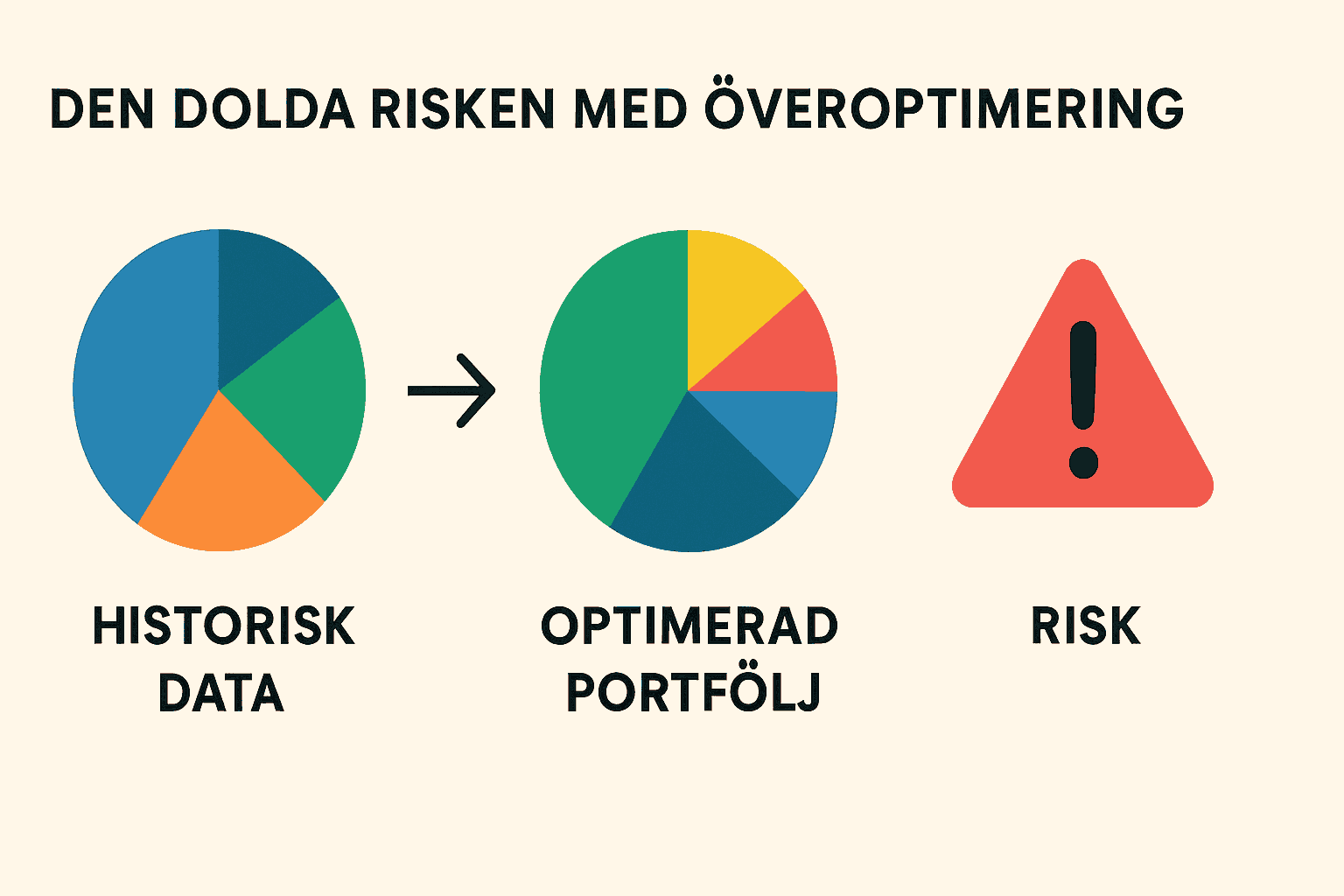 Simulera en Aktieportfölj – Din Guide med 5 Enkla Tips 3 Samuelssons Rapport Minimalistisk bild som visar riskerna med överoptimering av aktieportföljer, från historisk data till varningstriangel.