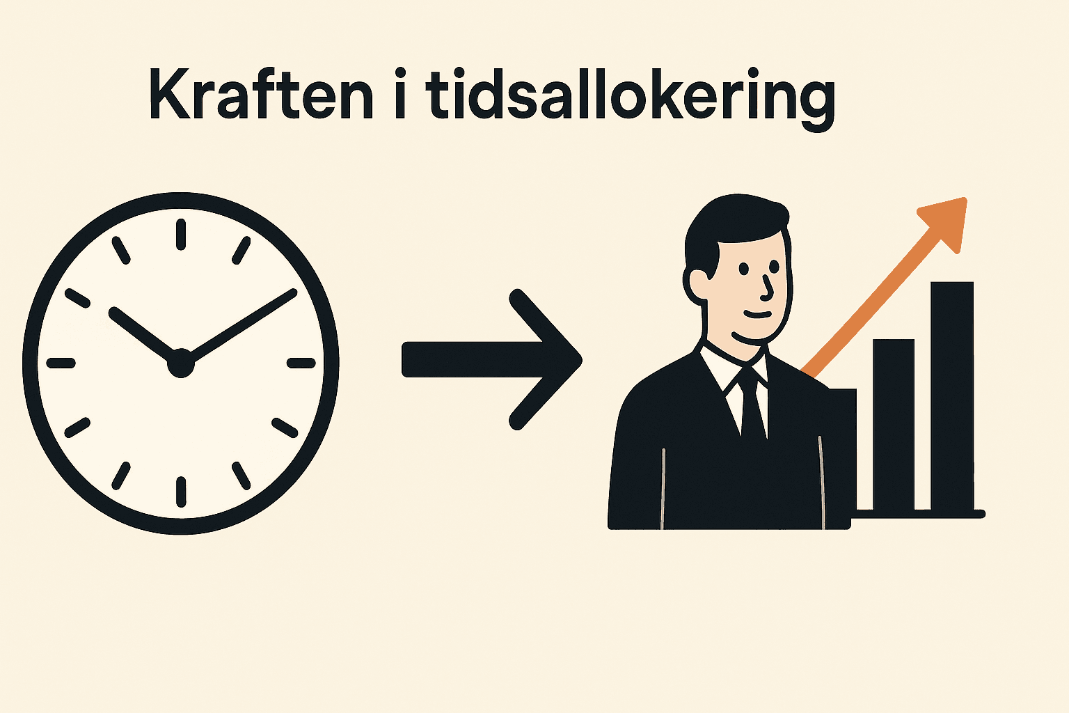 Minimalistisk illustration med texten "Kraften i tidsallokering", en klocka till vänster, en pil i mitten och en affärsman med stigande stapeldiagram till höger.