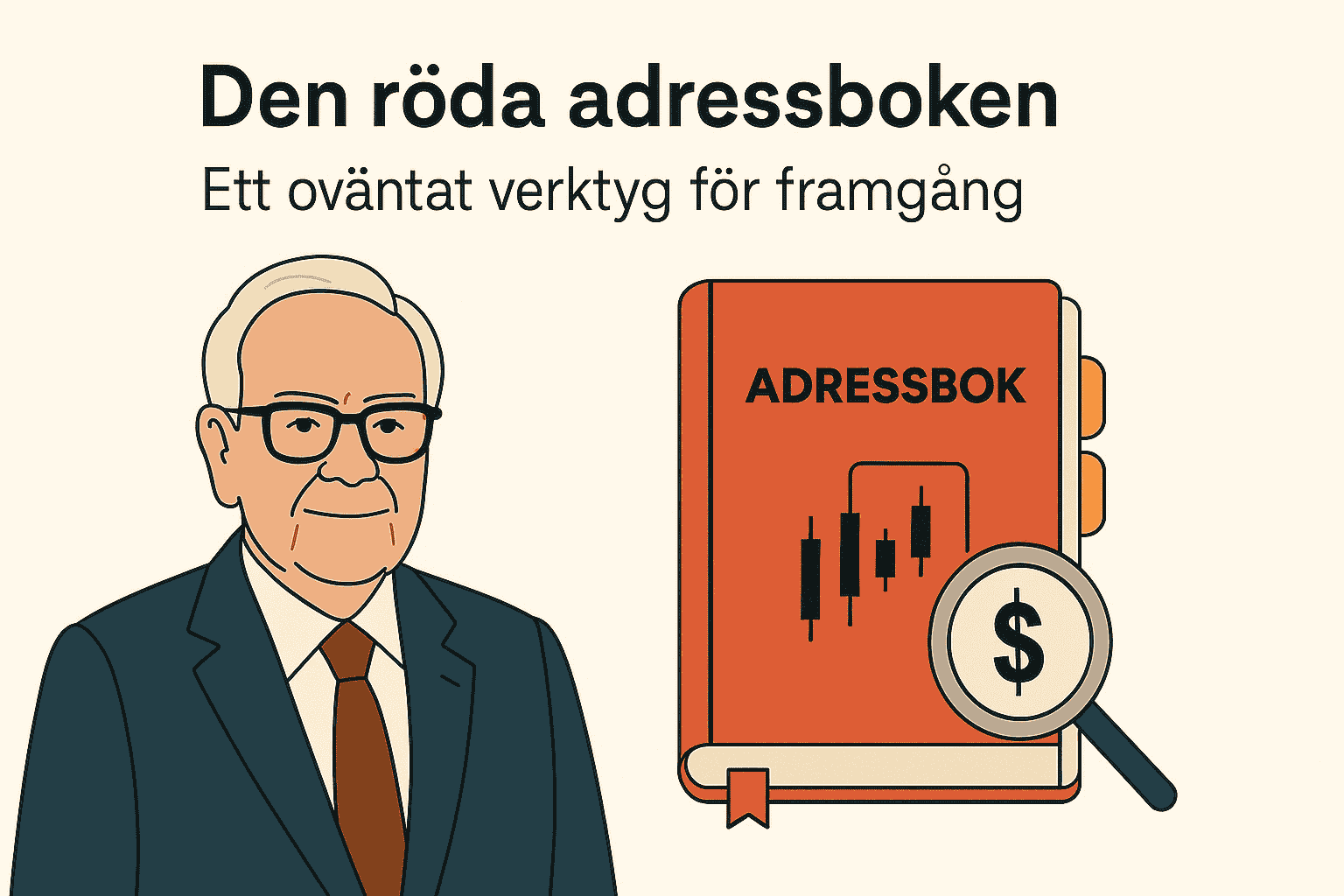 Erik Penser – Vem är denna finansman och samlare från Eslöv? 2 Samuelssons Rapport Illustration av Erik Penser i kostym bredvid en röd adressbok med candlestick-diagram och förstoringsglas.