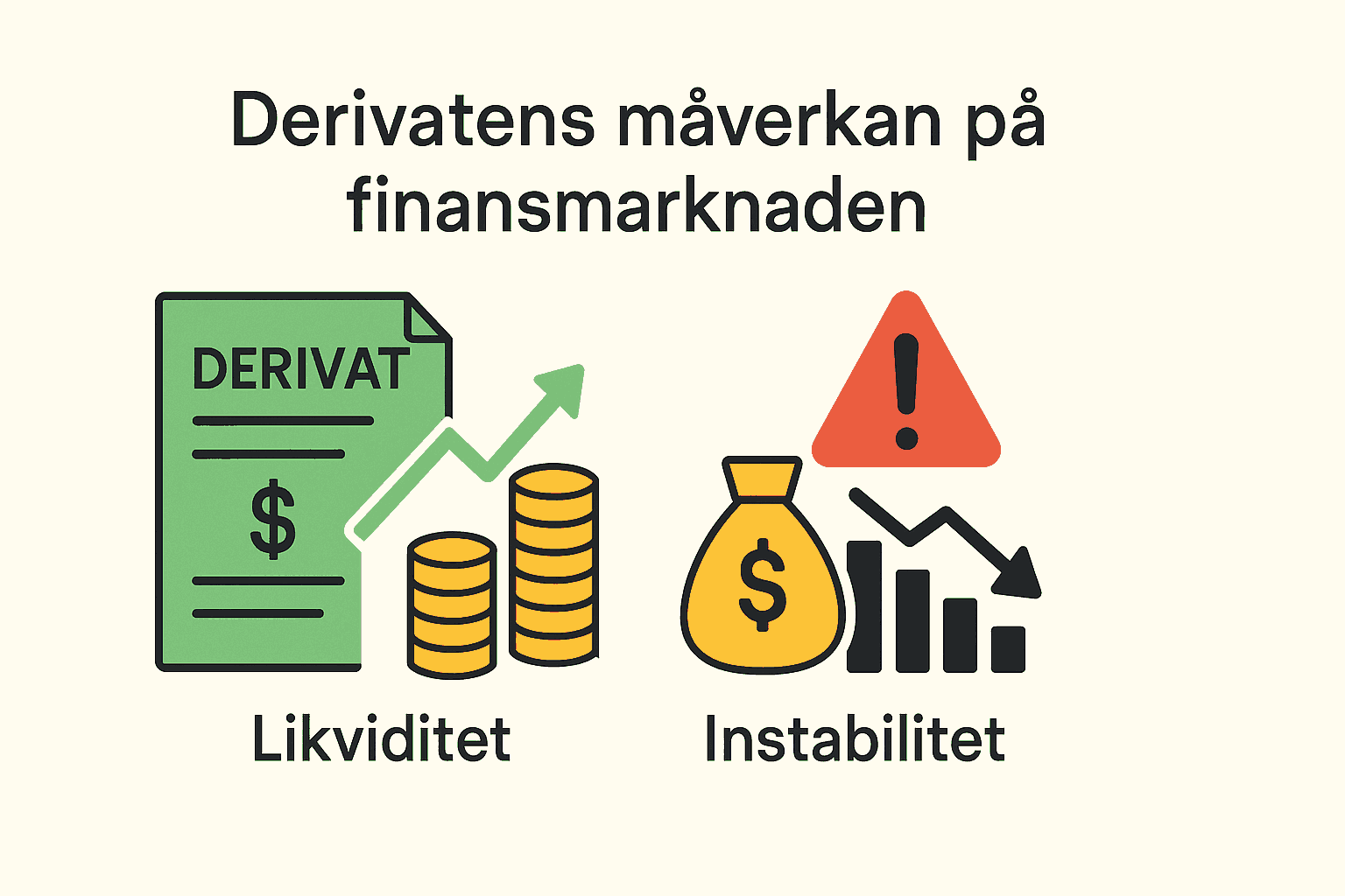 Derivat – Vad är det? Förklaring och definition av derivatinstrument 2 Samuelssons Rapport En infographic visar derivatets positiva effekt på likviditet med gröna pilar och mynt, samt negativ effekt på instabilitet med röda varningstecken och fallande diagram.