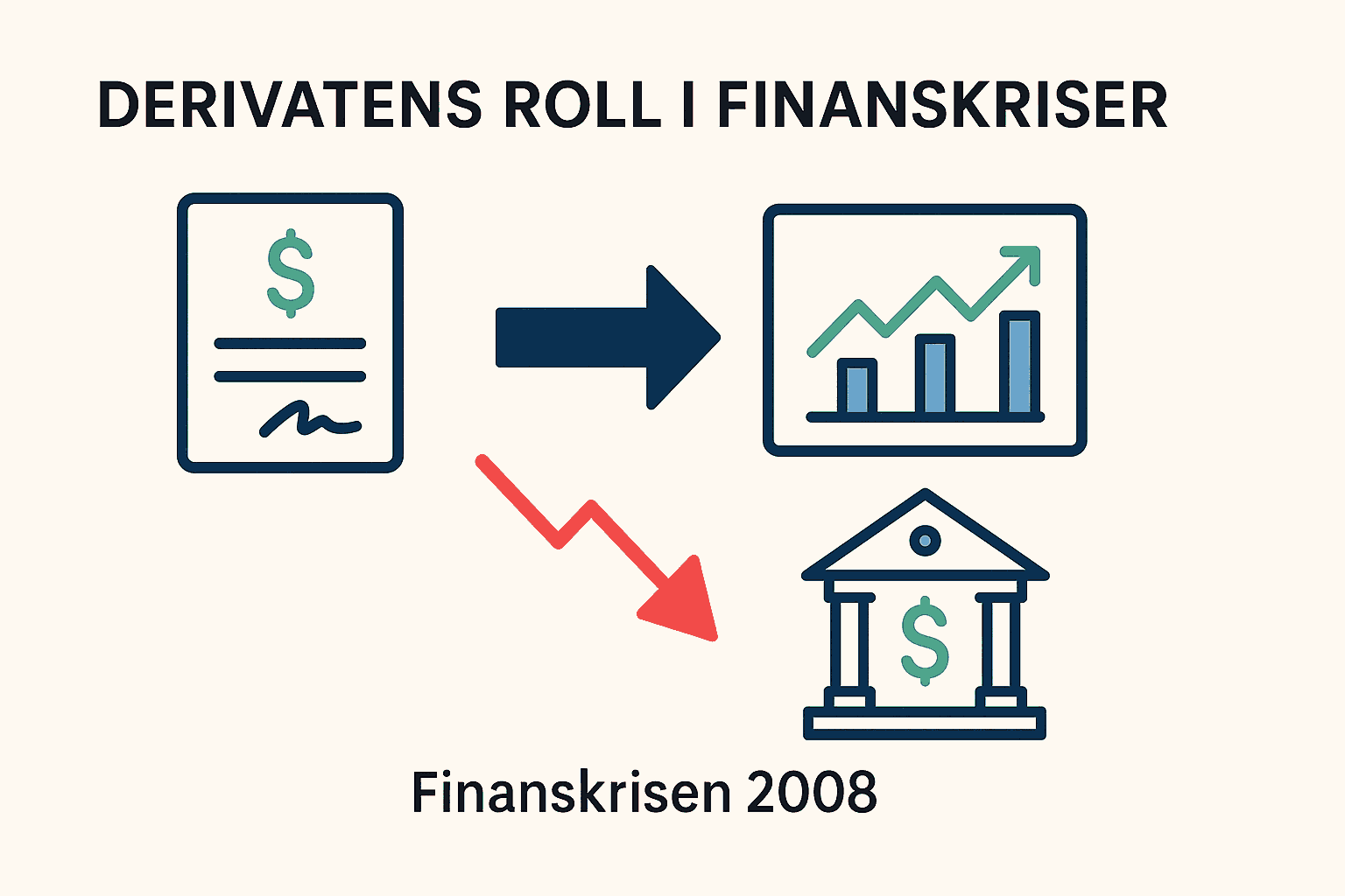 Minimalistisk illustration som visar hur derivatinstrument bidrog till finanskrisen 2008, med ikoner för kontrakt, marknadsgraf och bank.