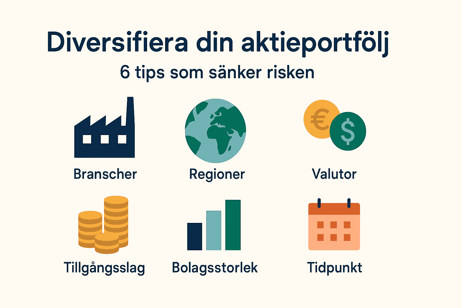 Dina Pengar 307 Samuelssons Rapport Minimalistisk svensk infographic med sex ikoner för diversifiering: branscher, regioner, valutor, tillgångsslag, bolagsstorlek och tidpunkt.