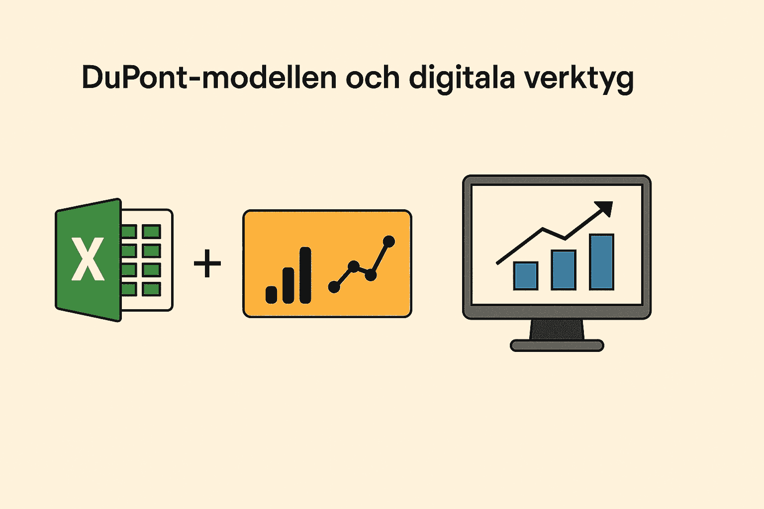 DuPont-modellen – Vad är det? | Komplett guide till DuPont-modellen och lönsamhetsanalys 2 Samuelssons Rapport En illustration som förklarar hur DuPont-modellen kan användas med digitala verktyg som Excel, Power BI och företagsanalysprogram för att automatisera och visualisera analysen.