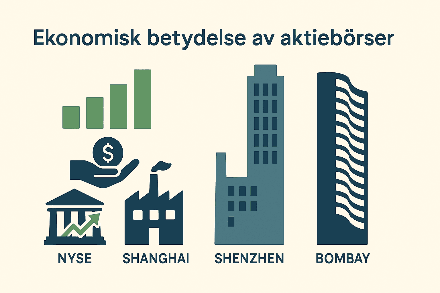 Världens Största Aktiebörser: Topp 10 Lista över Marknadsvärde och Inflytande 2 Samuelssons Rapport Illustration av fyra aktiebörser (NYSE, Shanghai, Shenzhen, Bombay) som symboler för ekonomisk tillväxt, med stapeldiagram och industrisymboler i minimalistisk stil.