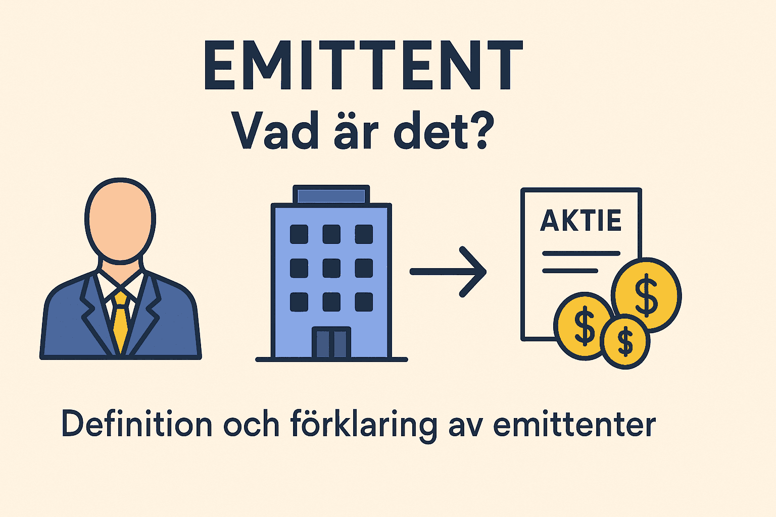 Illustration som visar vad en emittent är – ett företag eller organisation som ger ut värdepapper som aktier.