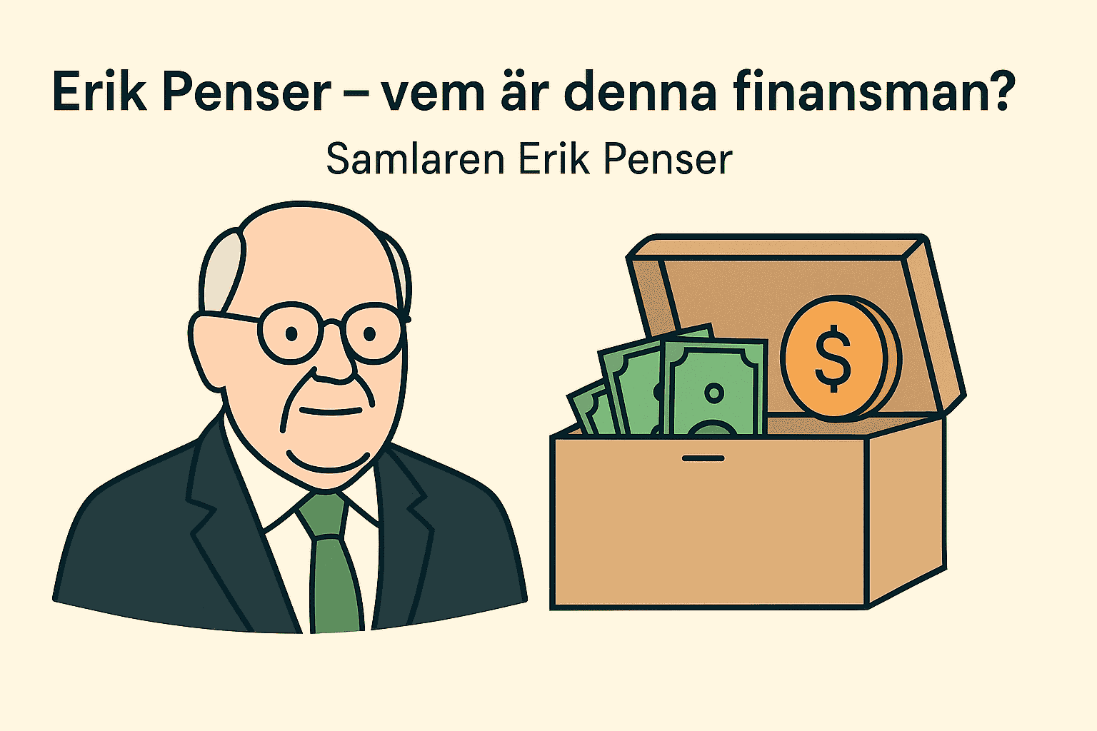 Illustration av Erik Penser med kostym och glasögon bredvid en trälåda fylld med sedlar och ett mynt med dollartecken.