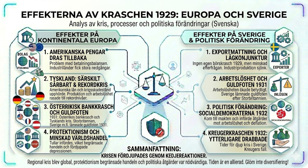Börskraschen 1929, Wall Street-kraschen, Svarta torsdagen, stora depressionen, effekter i Europa och Sverige, infografik om ekonomisk kris.