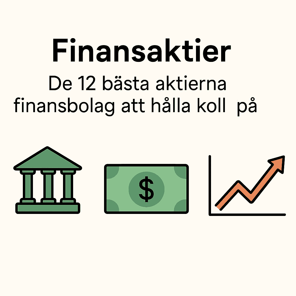 Illustration med bankbyggnad, sedel och stigande graf som representerar finansaktier.
